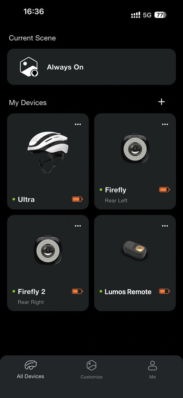 Lumos app Always-on scene with helmet, Firefly lights and Lumos Remote